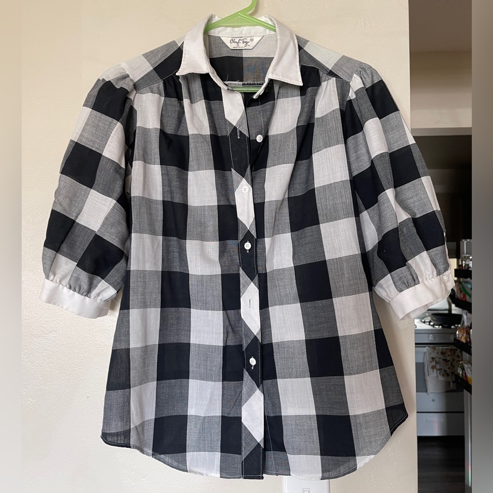 Vintage Cheryl Tiegs Puff Sleeve Check Button Up Blouse